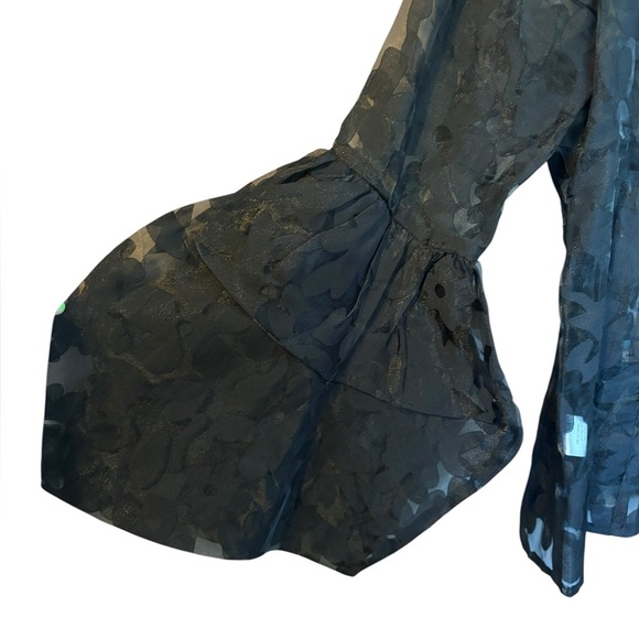 Garcia Women's Black Sheer Floral Blouse Bell Sleeves Peplum Ruffle Collar Large - Picture 3 of 6